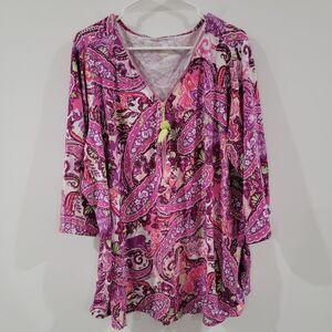 Belle Kim Gravel Womens Popover Top Size 4X 3/4 Sleeve Pink Paisley Floral‎